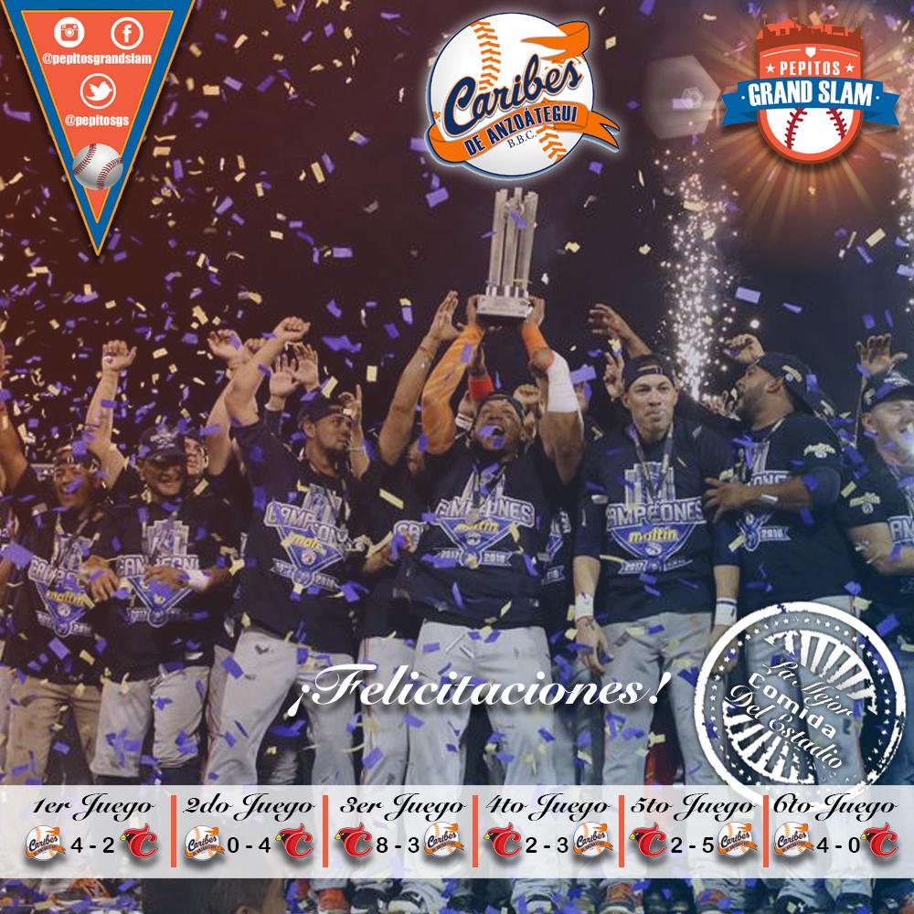 PepitosGS's tweet photo. La gran familia de #PepitosGrandSlam felicita a @caribesanz por haber conquistado el tercer título en su historia y haber culminado de manera exitosa la Temporada 2017-2018 de la #LVBP. Ahora a representar a #Venezuela en la Serie del Caribe en México ¡Vamos Tribu! https://t.co/kEFxCb5RSL