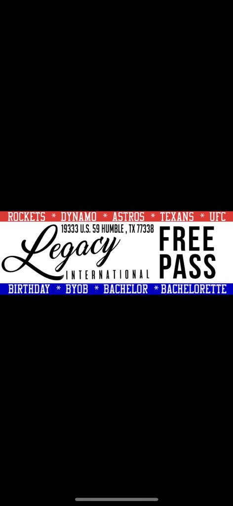 LegacyInternat4's tweet photo. @Mr3thousand @HennyLane Next time you’re in Houston please stop in and see us. Here’s a free pass to gain free entry. It’s byob as well. If you was to reserve a section you may email us at Legacyinternational2018@gmail and we will set you up. Not to mention we have a sports bar themed side too https://t.co/syZu1SSVKN