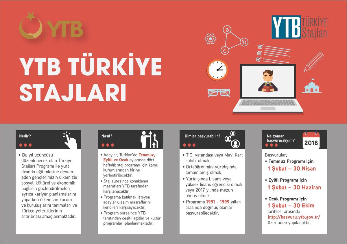 #YTBTürkiyeStajları
2018 T.C. Başbakanlık Yurtdışı Türkler ve Akraba Topluluklar Başkanlığı Türkiye Stajları Programı başvuruları 01.02.2018 tarihinde başlıyor! Ayrıntılı bilgi için ytb.gov.tr/turkiyestajlar… adresini ziyaret edebilirsiniz. @yeeorgtr @TurkEmbTirana @yurtdisiturkler