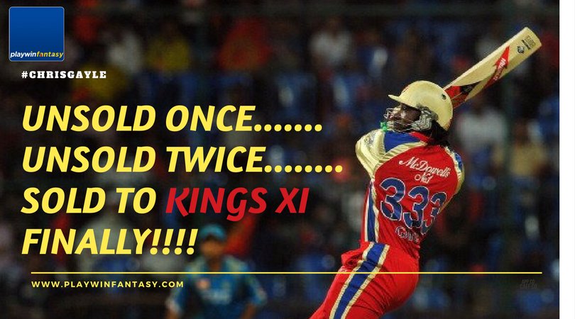 PlaywinFantasy's tweet photo. #IPLAuction: UNSOLD ONCE.......
UNSOLD TWICE........AND THEN FINALLY #ChrisGayle SOLD TO #KingsXIPunjab 
#IPL2018 #IPLAuction2018 #IPLAuctionDay #IPLAuctions https://t.co/xEnxtYgujr
