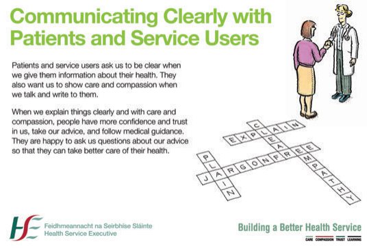 HSELive's tweet photo. “39% of Irish people ask that healthcare professionals use more understandable language and less medical jargon” (National Adult Literacy Agency: Ipsos MRBI survey, 2015) #CommunicatingClearly #hellomynameis #PlainEnglish @WHO @nalaireland https://t.co/pdehhlTaEA