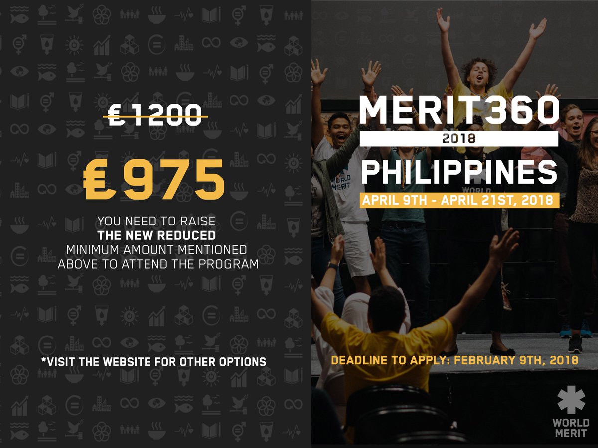 ANNOUNCEMENT!

We are so excited to share the new reduced minimum amount you need to raise to attend #Merit360 Philippines. For more information, visit: bit.ly/MERIT360

How to get a bonus discount of £175: bit.ly/2n9gwA9

Deadline is approaching!