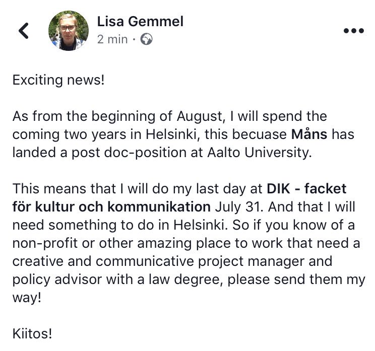 LisaDJGem's tweet photo. Cat’s out of the bag, I am joining my husband in Helsinki in August. Exciting, and I am in need of a job. All help is appriciated! #soontobeexpat https://t.co/udMDVMBHWR