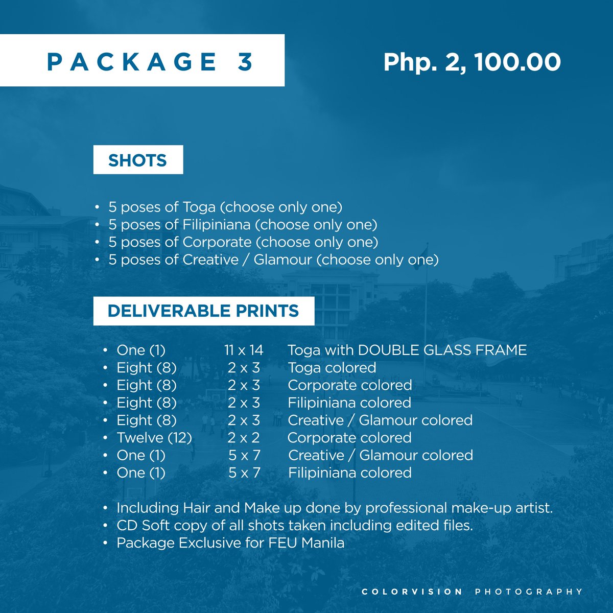 FEU_CSO's tweet photo. Here are the packages that you can choose from. *Exclusive for FEU Manila

#ExperienceGlamour #CVPhotography https://t.co/qY3CESqSSE