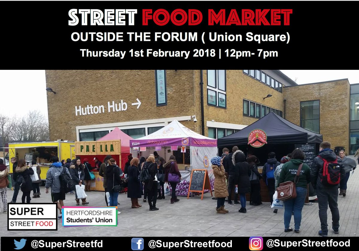Join us <a href="/UniofHerts/">University of Hertfordshire</a> college lane campus with @hertssu serving delicious street food from across the globe. #Indian #German #Spanish #BubbleTea. 12pm-7pm (outside <a href="/theforumherts/">Forum Hertfordshire</a> )