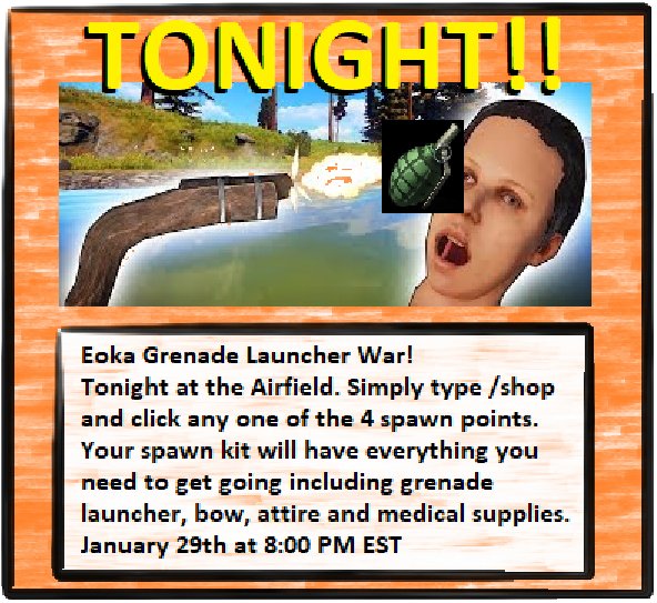 slayrust's tweet photo. Eoka Grenade Launcher Battle tonight at Airfield on EffigyLTD. Be there for 8:00 PM Eastern Time! Teleport, grenade launcher, bow, attire, medical supplies will be provided. Join our Discord when you get on. #rust #playrust #oxide #moddedservers #horseplay #mondaymotivation https://t.co/pXVc4oEr9q