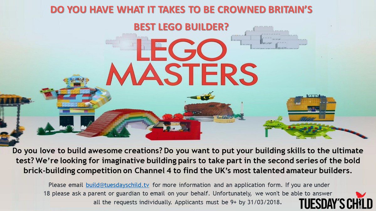LEGO_MASTERS's tweet photo. @tfotb_official RT? Do you want to put your #LEGO building skills to the ultimate test? @LEGO_MASTERS are looking for a new bunch of imaginative building pairs to take part in the second series of the bold brick-building competition on Channel 4. Email build@tuesdayschild.tv https://t.co/VOutV4g15H