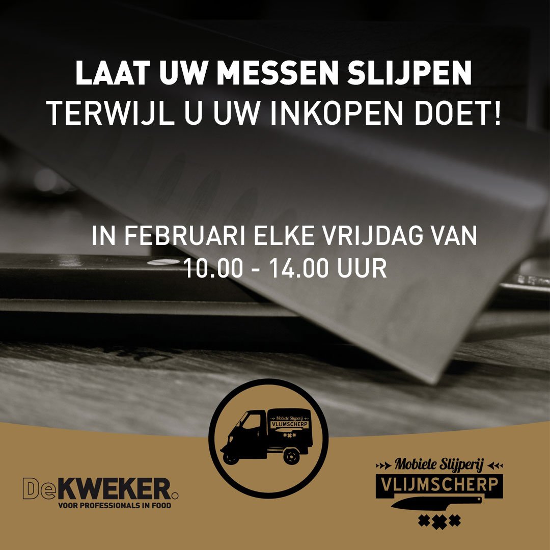 Een scherp mes is het halve werk! In februari staat de mobiele slijperij Vlijmscherp iedere vrijdag voor u klaar om uw messen te slijpen terwijl u uw inkopen doet. #vlijmscherp #messenslijperij #service #dekweker