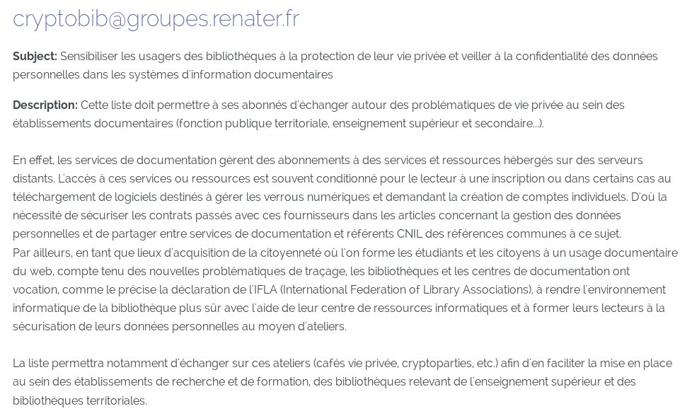 CryptoPartyRNS's tweet photo. #ABF29Janvier #ABF : Pour continuer les échanges @chloelailic @Biblinsa rappelle l'existence de la liste #CryptoBib :
https://t.co/94VZ3Bvqa3 cc @RENATERnews https://t.co/LM6KQp577n