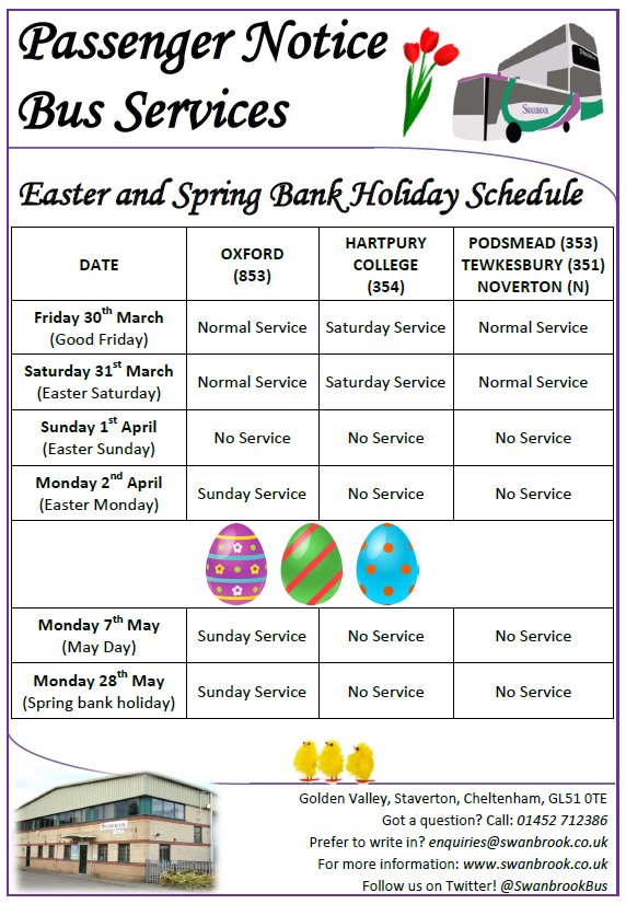 SwanbrookBus's tweet photo. #Easter is early this year! Please check which services are running on which timetables before you travel. #Service853 #Service351 #Service354 #ServiceN @VisitGloucester @Hartpury @BusUsers_Ox https://t.co/a2wAe66WZ2
