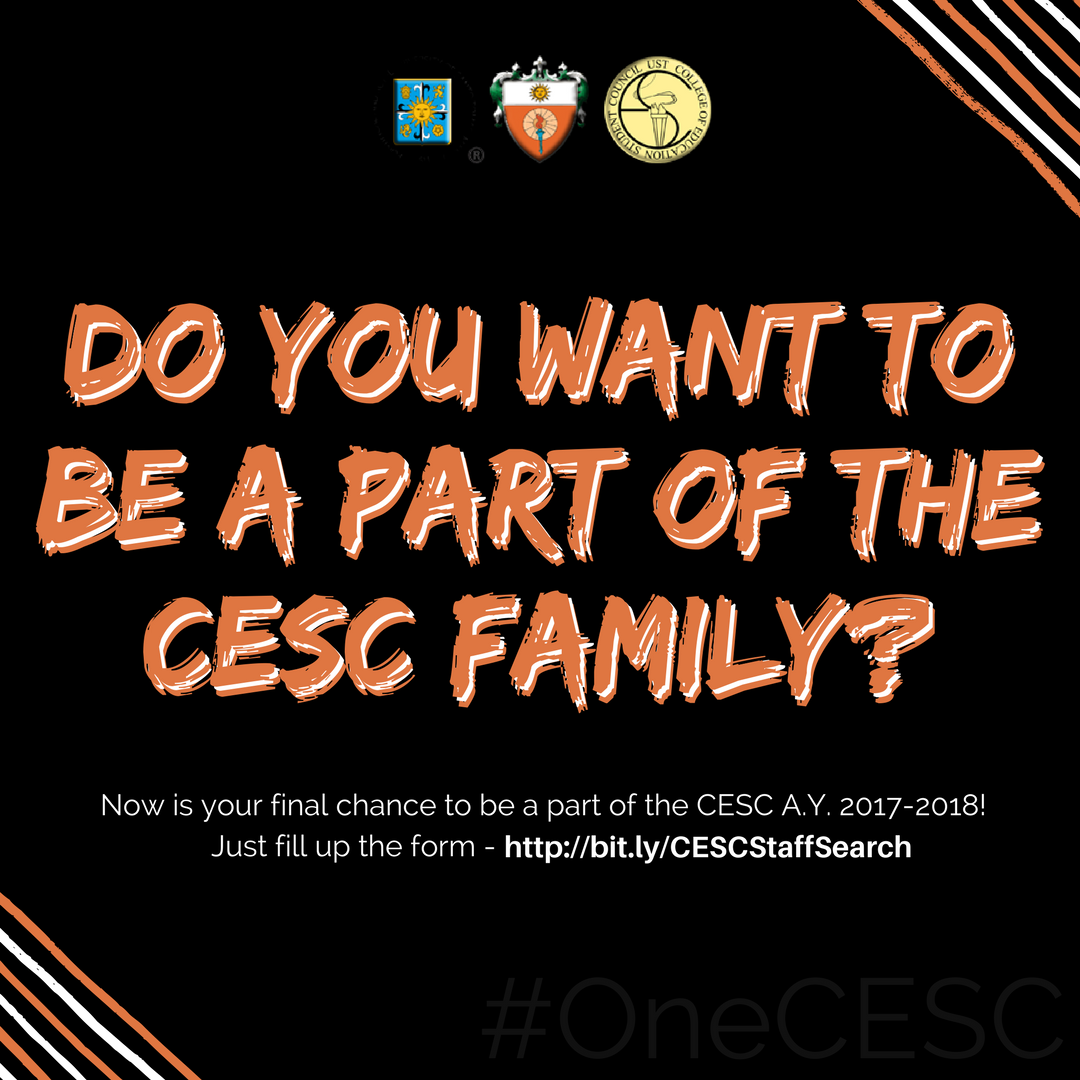UST_CESC's tweet photo. Calling out every aspiring student who wishes to work with us this semester. This is your last chance, Educ!
You can apply until Sunday, February 4, 2017. Simply fill up the form below.
LINK: https://t.co/QRI18aqkzE
#OneCESC https://t.co/NIjTEUgB1y