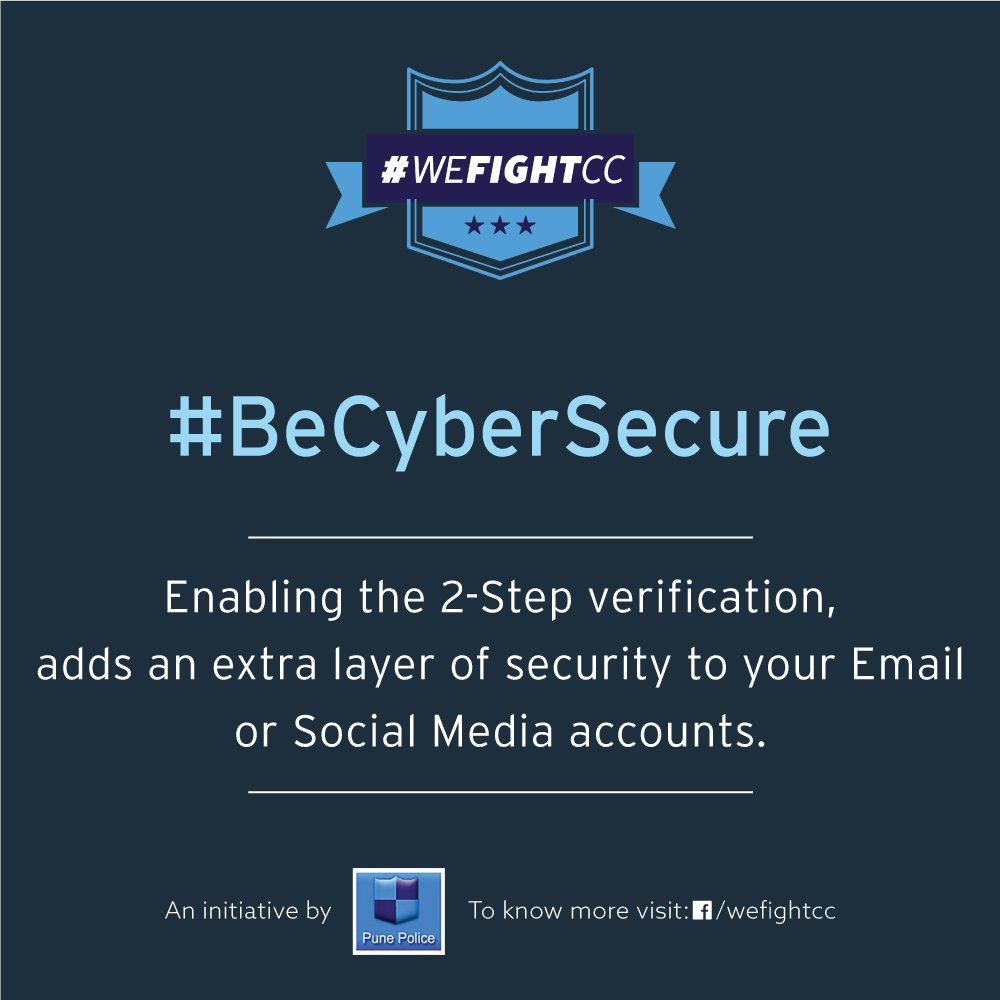 wefightcc's tweet photo. Two-step verification is a feature that adds more security to your Email or Social Media account. In this process, two authentication methods are used to access any of your accounts.
#WeFightCC #Pune #PuneCityPolice #CyberSecurity #BeCyberSecure #CyberCrime https://t.co/3mYrago4R3