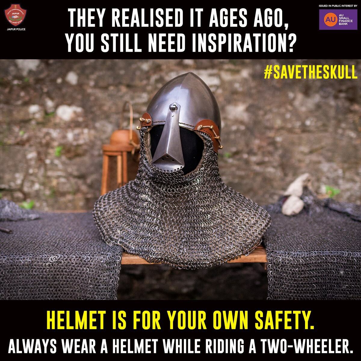 jaipur_police's tweet photo. Wearing a #helmet reduces the risk of serious head and brain injury by 85%. Helmets should be worn during every ride, no matter how short, by both the driver and the pillion rider. 

#SaveTheSkull #AlwaysWearHelmet #SafeJaipur #JaipurPolice https://t.co/FTlIkJOPGI