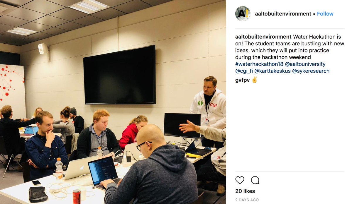 AaltoWAT's tweet photo. Last weekend @AaltoWAT students worked with other experts in #waterhackathon, solving grand #water challenges with the help of #OpenData and application development. Organised together with #Karttakeskus, @CGI_FI, @SYKEinfo & @AaltoUniversity! https://t.co/j1GASNj3mS https://t.co/dcpLXMFirB
