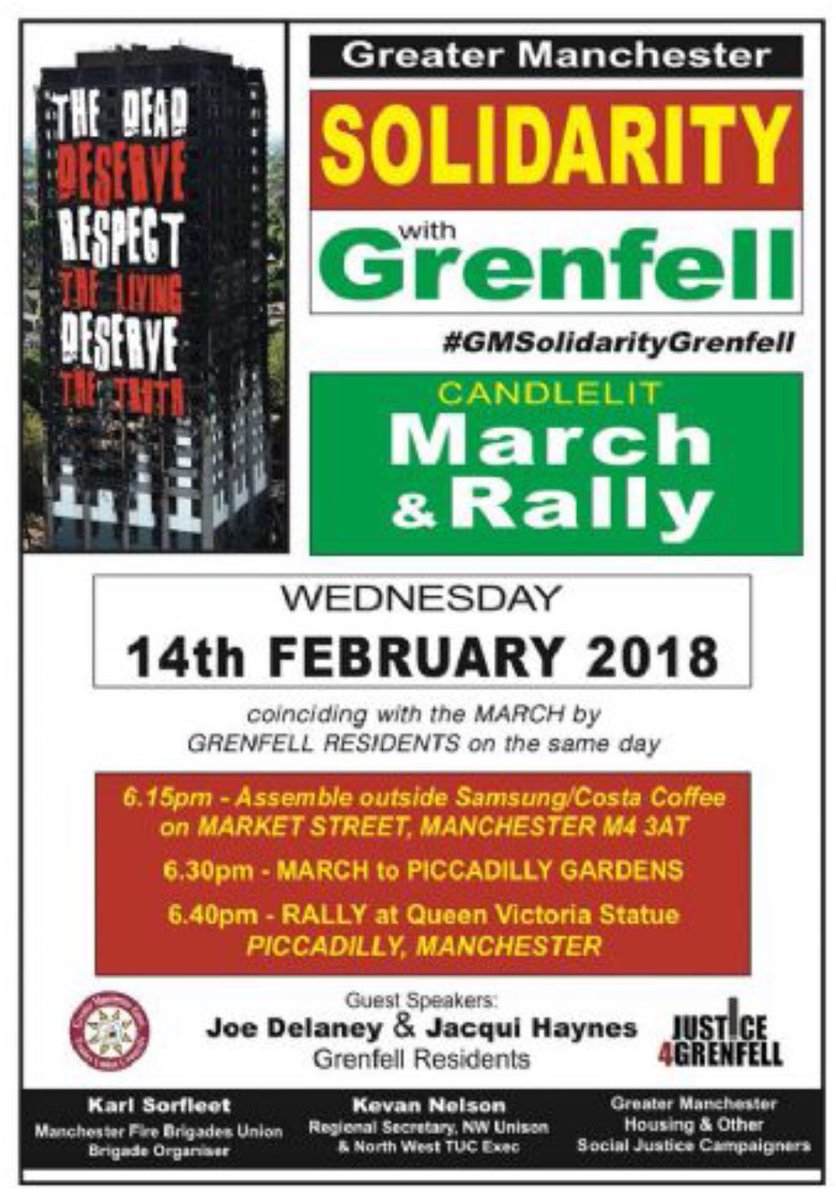 Grenfellspeaks's tweet photo. GREATER MANCHESTER #GRENFELL SOLIDARITY MARCH

On Wednesday 14th February, at 6:30pm, there's going to be a candlelit march in Greater Manchester. The idea is to show solidarity with those affected by the horrific #Grenfell fire.

#GrenfellTowerFire #GrenfellTower #Grenfell https://t.co/ZmAfaIomTm