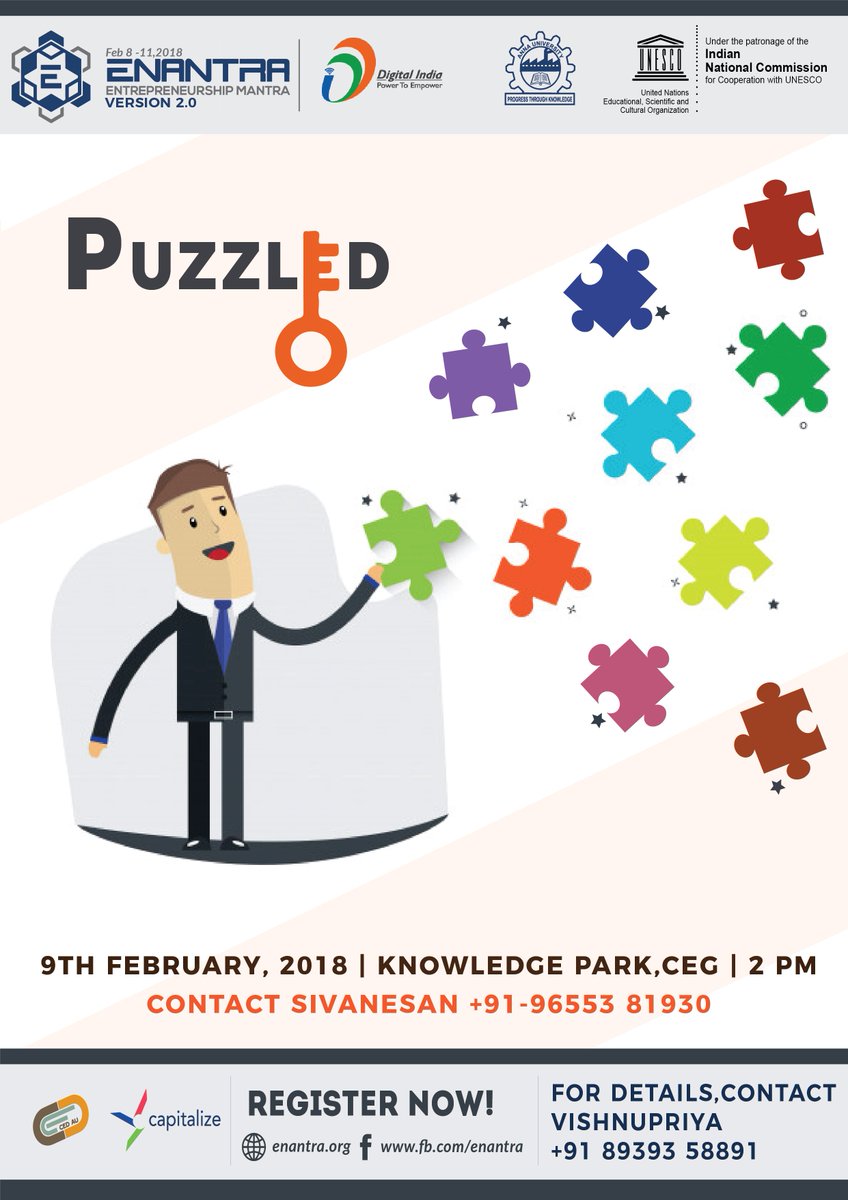 enantra's tweet photo. For all the puzzle geeks out there, this is a wonderful chance to win yourself some exciting prizes. Puzzled is an event that will put your knowledge and patience to test as time runs fast.
Be there!
#BackInBusiness https://t.co/gzZdM404bj