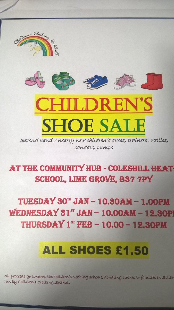 Unity Community Hubs (@communityhubs1) on Twitter photo The Children's Clothing Voluntary Group are holding a children's shoe sale this week on Tuesday, Wednesday and Thursday morning at the community hub <a href="/ColeshillHeath/">Coleshill Heath School</a> All shoes are £1.50 and are in good wearable condition; some still have the labels on! The Children's Clothing Voluntary Group are holding a children's shoe sale this week on Tuesday, Wednesday and Thursday morning at the community hub <a href="/ColeshillHeath/">Coleshill Heath School</a> All shoes are £1.50 and are in good wearable condition; some still have the labels on!