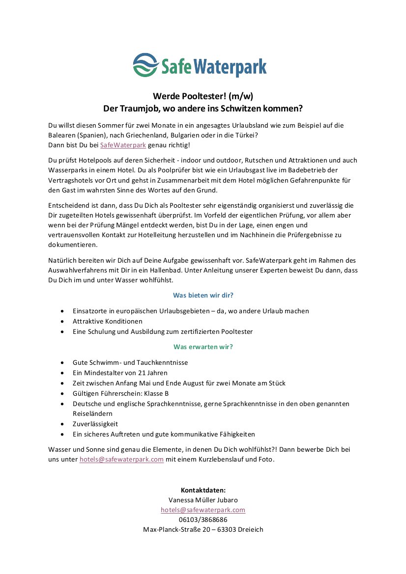 safewaterpark's tweet image. @safewaterpark sucht #Pooltester! Erfahrt mehr auf safewaterpark.com/de/. Bitte eifrig retweeten! Danke!
