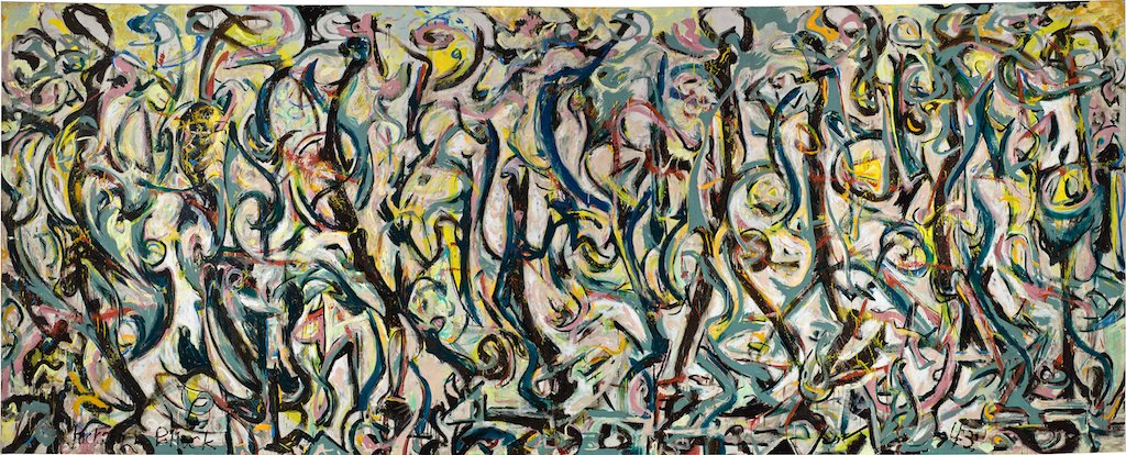ngadc's tweet image. At 11, spend 30 minutes on a gallery talk focused on Jackson Pollock's "Mural" (1943, oil and casein on canvas, Gift of Peggy Guggenheim, reproduced with permission from @uiowa). go.usa.gov/xnpqq