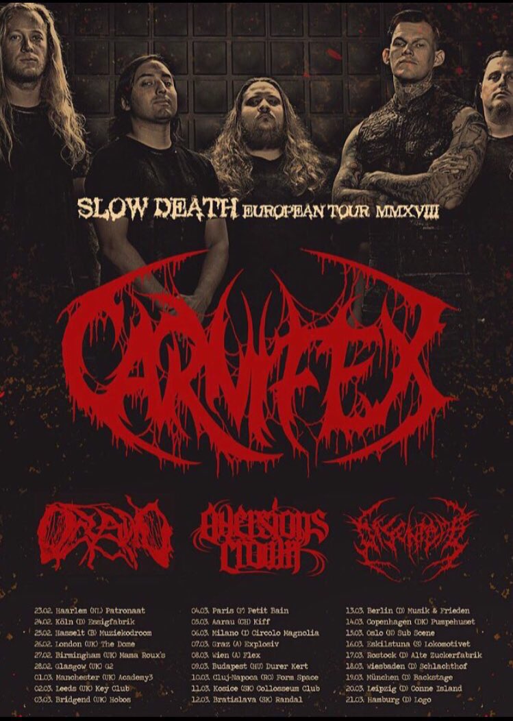 DisentombAUDM's tweet photo. We head back to Europe with @carnifex, @oceanometal and @Aversions_Crown next month. Tickets are selling quickly and lots of dates half sold out already. Get tickets from https://t.co/v50EueHJ3n https://t.co/2ar2pw2Ums