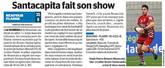 NacimeRAHOUI's tweet photo. Dans Le Parisien du jour -> Bruno Santacapita a régalé, après @BRC_OFFICIEL - Plaisir (35-8), en Fédérale 2. @olenormant @FFRugby @LeClubRugby @RugbyARG_ 🔴⚪️🔴⚪️🏉🏉🏉 #RedArmy https://t.co/ECcodIDr4r