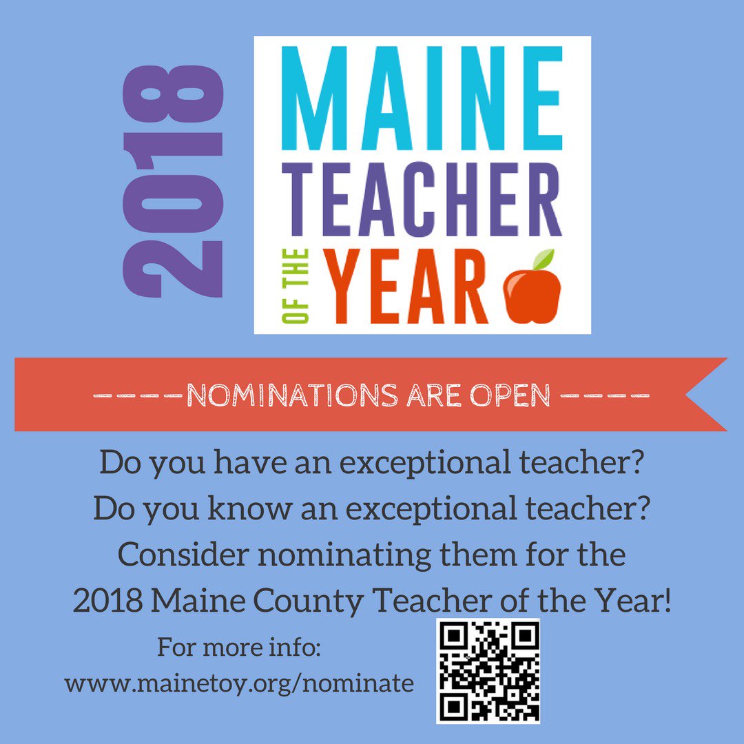 EdLeadersMaine's tweet photo. Have you nominated at #Teacher yet? FEB 5 at 5pm is the deadline for nominations for 2018 County Teachers of the Year-2019 Maine Teacher of the Year! The CTOY/MTOY journey starts with your nomination.  
https://t.co/2TRkOjlZLO 
@mdoenews @nbctsofmaine @MaineEA @msma207 @DurostMPA https://t.co/yGm4uc6rVn
