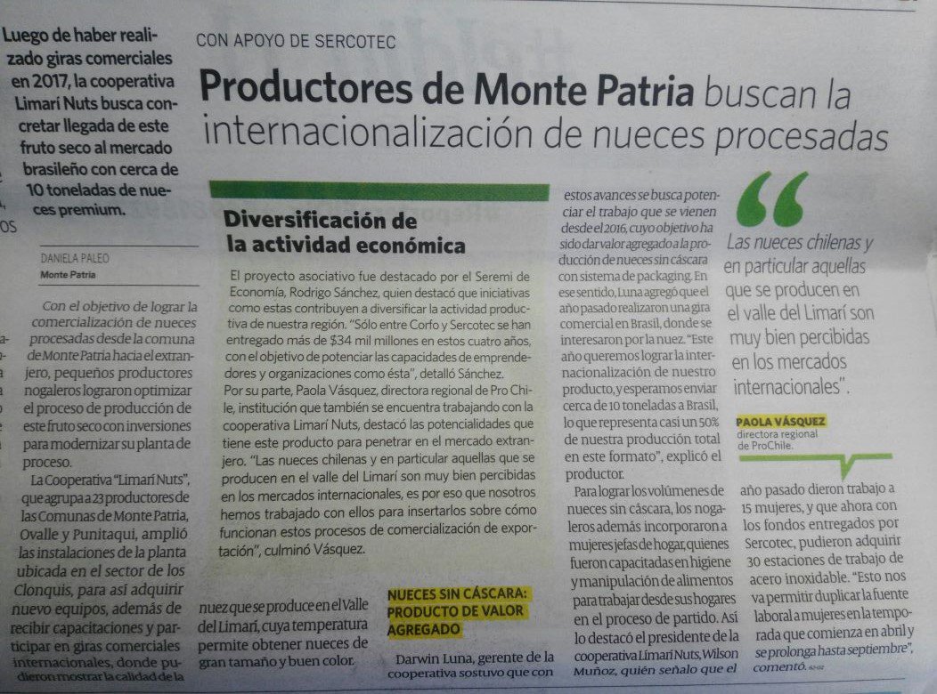 SCT_COQUIMBO's tweet photo. Cierre en las postulaciones de @AlmacenesdChile y  apoyo de Sercotec a pequeños productores de nueces del Limarí fueron destacadas este fin de semana en  prensa regional. https://t.co/C7P79qtMTH