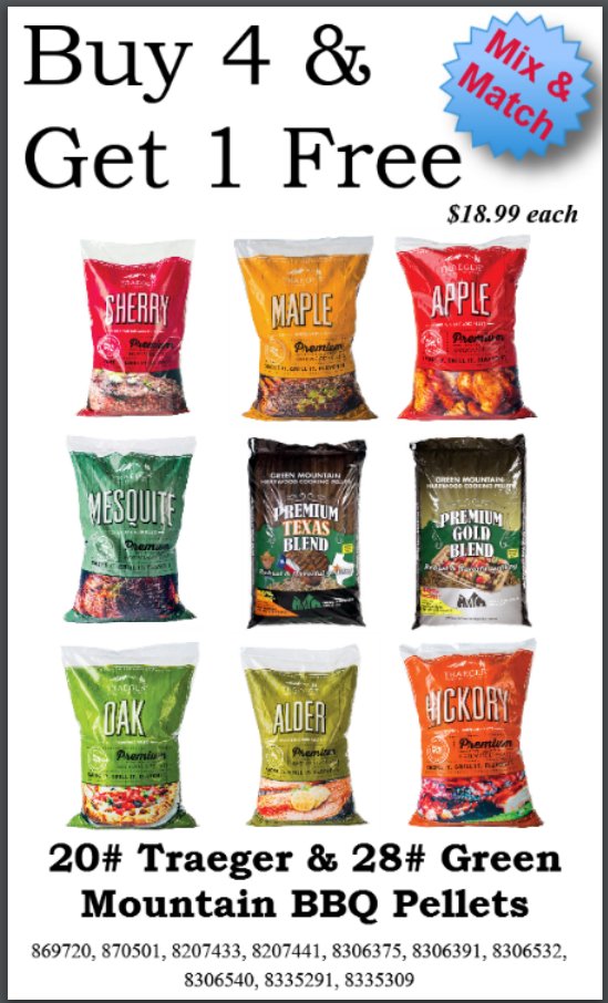 billsace's tweet photo. Are you ready for the BIG GAME? Let Bill's Ace Hardware help you get ready!
Buy 4 &amp; Get 1 FREE! Mix and Match Traeger and Green Mountain BBQ Pellets.

Discount applies to $18.99 BBQ pellets only. Excludes Lignetics and 
Golden fire pellets.Exp.5-31-18 https://t.co/TrcKDEpWZO