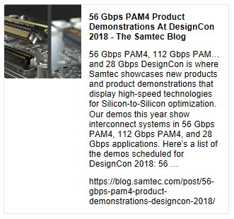 SamtecInc's tweet photo. 56 Gbps #PAM4 Product Demonstrations At #DesignCon #DesignCon2018 #Booth841 - The Samtec Blog https://t.co/ZPhrdQNLh4 https://t.co/nUrmEkyghw