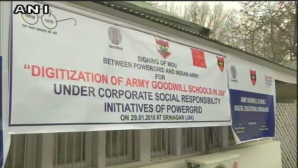 ANI's tweet photo. Srinagar: MoU signed between Power Grid &amp; Indian Army for digitisation of Army Goodwill School #JammuAndKashmir https://t.co/lolUxrQFmn
