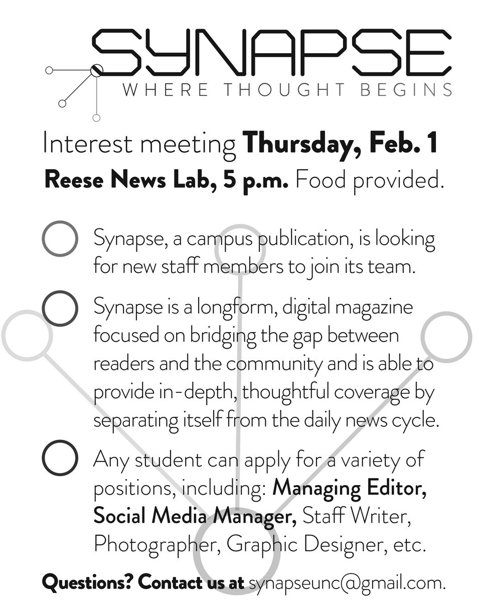 unc_synapse's tweet image. Interest Meeting February 1 at 5 p.m. in the Reese News Lab! Stop by and learn about the magazine! Food provided.