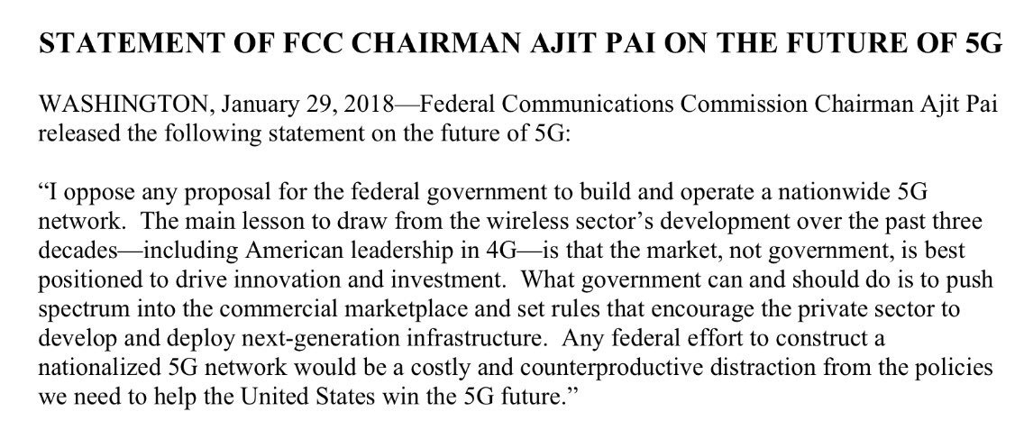 AjitPai's tweet image. I oppose any proposal for the federal government to build and operate a nationwide 5G network. The market, not the government, is best positioned to drive innovation and investment. go.usa.gov/xnGES