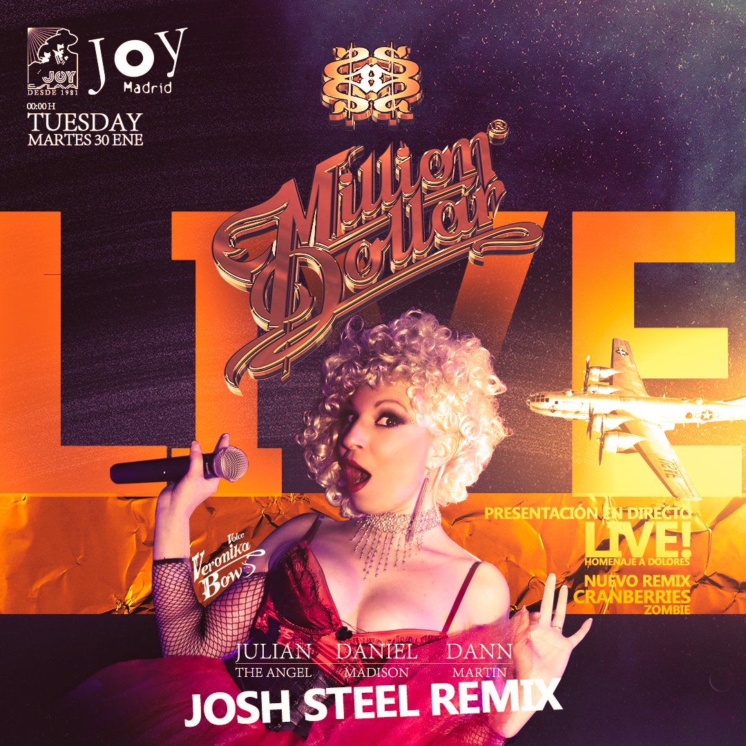 Mucho ojo al evento que tenemos mañana en #milliondollarmadrid
PRESENTACIÓN EN DIRECTO DEL NUEVO REMIX
"ZOMBIE" - CRANBERRIES - JOSH STEEL RMX
De la mano de <a href="/VERONIKABOWS/">Veronika Bows</a> 

Autentica fiesta de la #Musica en teatro <a href="/JoyEslava1/">Joy Eslava</a> 
#Madrid #puertadelsol