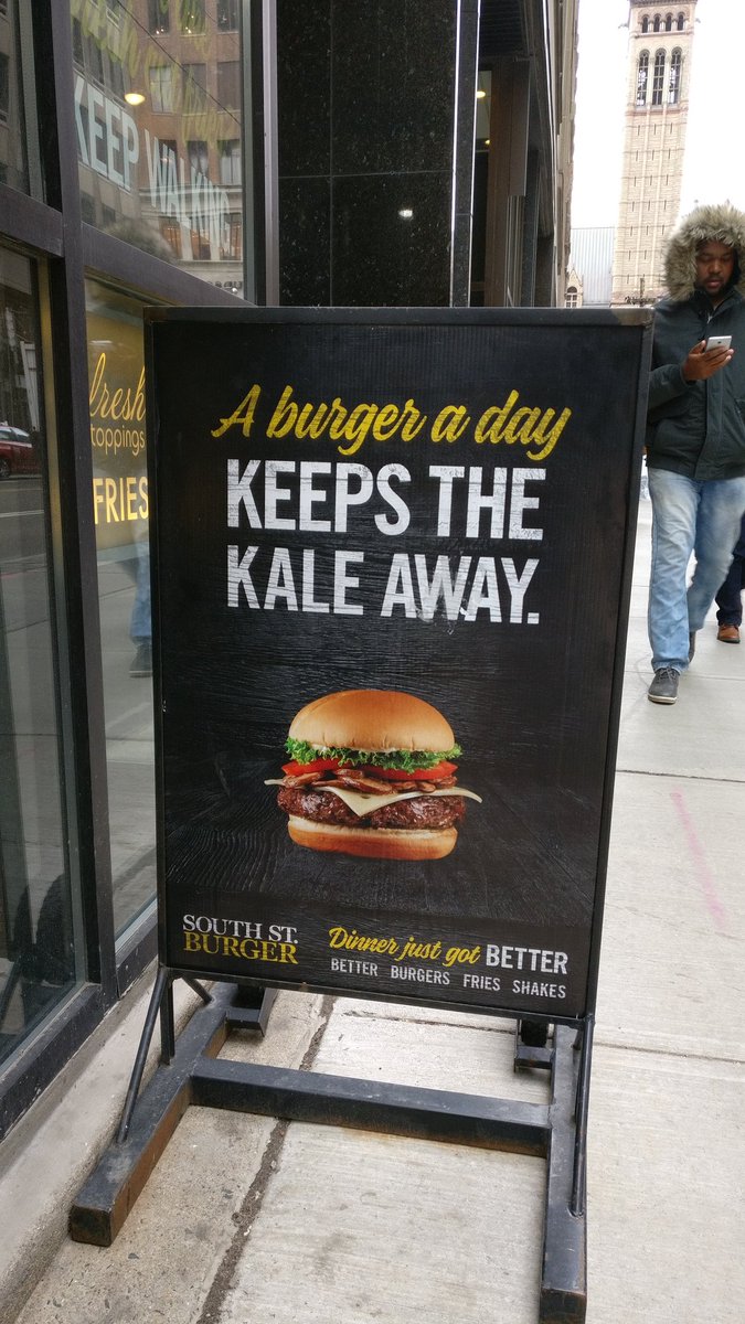 Best copy we've seen so far this week. On Bay St. in Toronto <a href="/southstburgerco/">South St. Burger</a>. #onbrand and grabs attention.