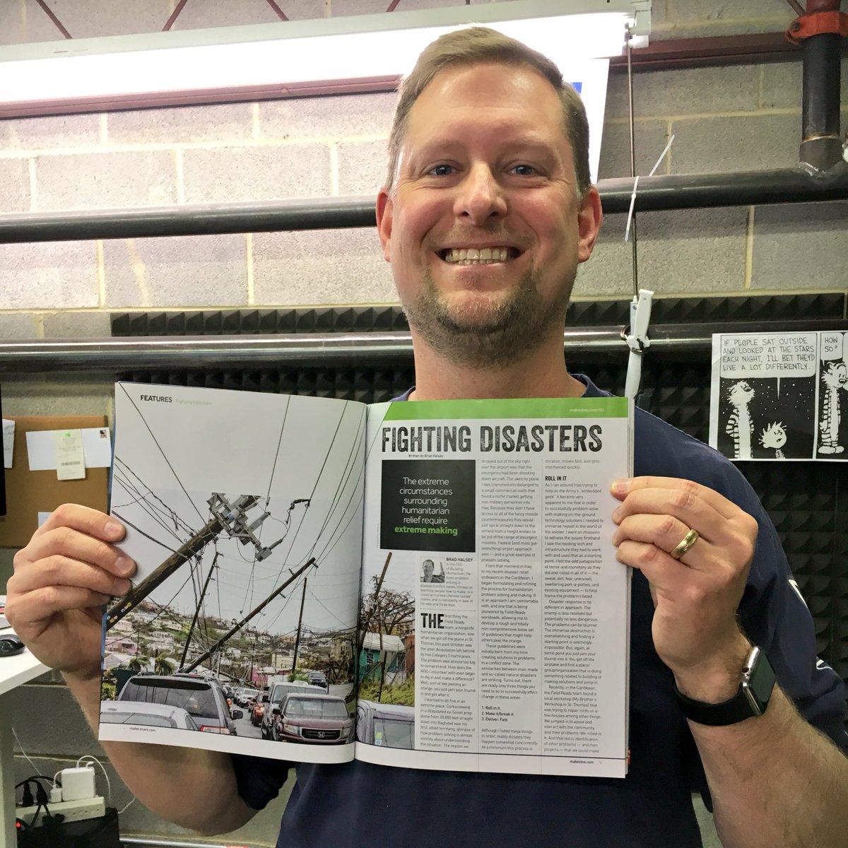 Congratulations to <a href="/BradBuilding/">Brad Halsey</a> on his first print article in <a href="/make/">Make:</a> magazine! “Fighting Disasters” starts on pg 14. #ExtremeMaking for #DisasterResponse