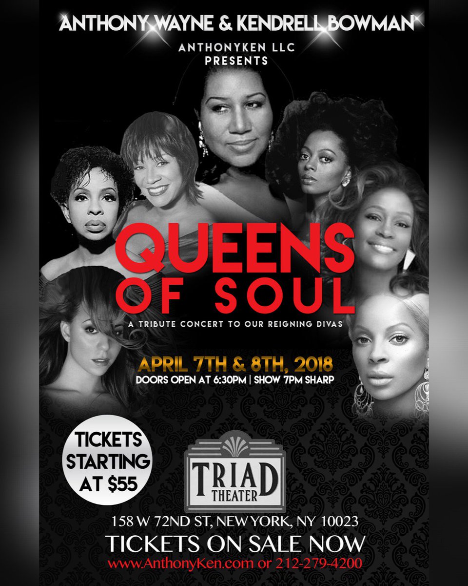 Pls RT. BUY YOUR TICKETS NOW FOR THE NEW SHOW #QUEENSOFSOUL ON SALE NOW at ANTHONYKEN.COM. EXCITING TRIBUTE CONCERT to ARETHA, PATTI, WHITNEY, GLADYS, DIANA AND MANY MORE! BE THERE! NYC. APRIL 7 &amp; 8. DON'T MISS THESE LADIES SAAANG! TWO SHOWS ONLY!