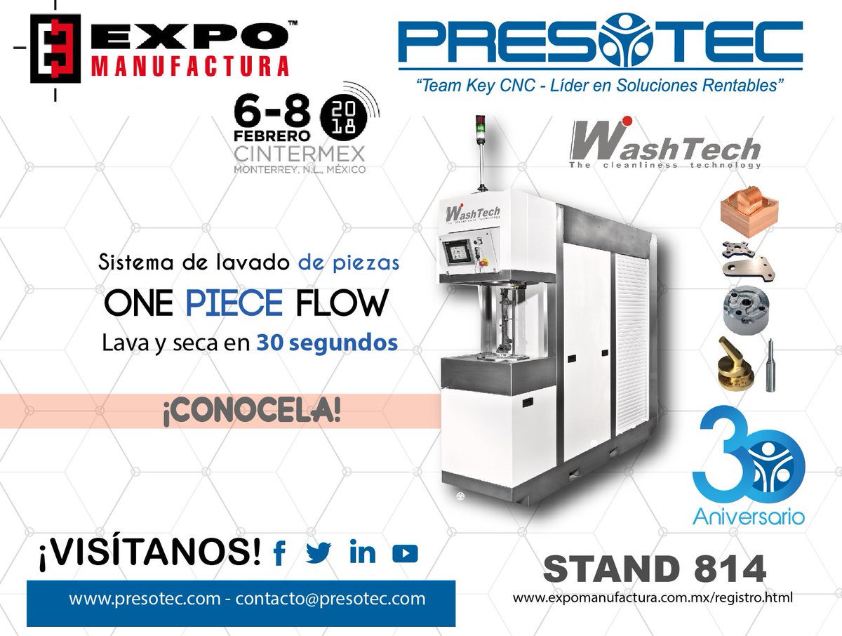 presotec's tweet photo. #Presotec #ExpoManufactura presentando a #Washtech #sistemasdelavadode piezas ¡Cónocela! Stand 814 Feb. 6-8 en Cintermex. Registro sin costo https://t.co/wYUvED4BBJ contacto@presotec.com https://t.co/GpRaRIC9zh