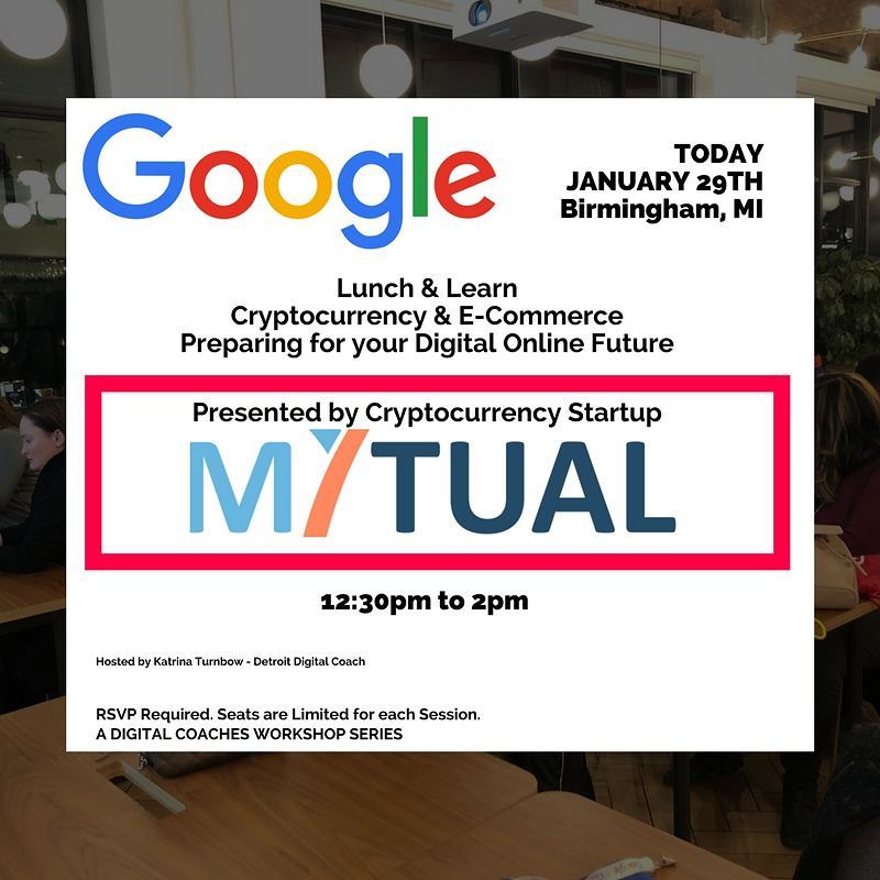 mytual's tweet photo. Cryptocurrency lunch and learn today from 12:30pm to 2pm. Stop by if you're in the Birmingham area... https://t.co/202ZbWjS62