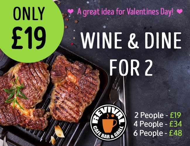 revivalchelt's tweet photo. Wine and Dine for 2 people for only £19!! Offer includes a steak meal and a glass of wine each. Enter your details at https://t.co/yPS6Krytkp to redeem offer and save up to 54%. Visit us in Cheltenham  town centre on Winchcome Street, GL52 2LZ. T&amp;Cs apply. #cheltenhamoffers https://t.co/7DoQb62o8Z