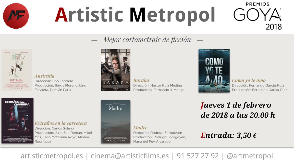 jlpalacios's tweet photo. Los cortometrajes sí se ven en los cines (si las distribuidoras lo quieren) | Sesión de los cinco cortos de ficción nominados a los @PremiosGoya en @artmetropol https://t.co/LBQW2pBdBG