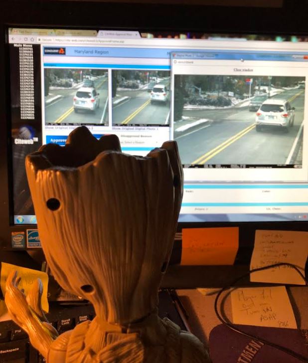 TakomaParkPD's tweet photo. Groot is working in the Speed Camera unit today. He learned that since speed cameras were implemented in Takoma Park in 2009, vehicle collisions have dramatically reduced where the cameras are located. #GrootInternsatTPPD #GuardiansoftheGalaxy #IAmGroot #speedcameras #safety https://t.co/t131lCRcFI