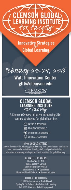 GLTF2018's tweet image. Clemson Global Learning Institute for faculty: February 23rd-24th 2018

Register here: gli.planningpod.com or email gltf@clemson.edu with any questions!
