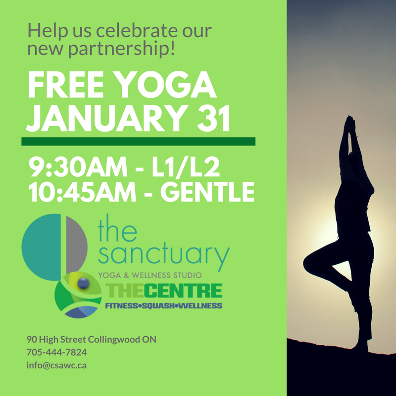 CSAWC2017's tweet image. Yoga at The Centre! Free classes Wednesday January 31st @ 9:30am Gentle &amp;amp; 10:45am Level 1/2. Help us as we celebrate our partnership with The Sanctuary, from Creemore and the talented Sass Dempsey.  See you Wednesday!