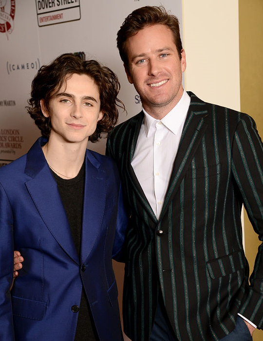CMBYNFilm's tweet photo. Congratulations to @RealChalamet for winning Actor of the Year at the London Critics' Circle Awards last night! Accepting the award, he thanked his #CMBYN costar and "tongue wrestling partner, Armie Hammer." @armiehammer https://t.co/n1WcfKduOR
