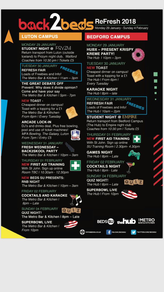 Refreshers Fair is kicking off tonight with the Student night out in Pryzm Watford and The Krispy Kreme Takeover at The Hub. 
Tomorrow we have the REFRESHERS FAIR in Luton campus METRO BAR.
Come along and see all our exciting societies, sports and opportunities available <a href="/BedsSU/">Beds SU</a>