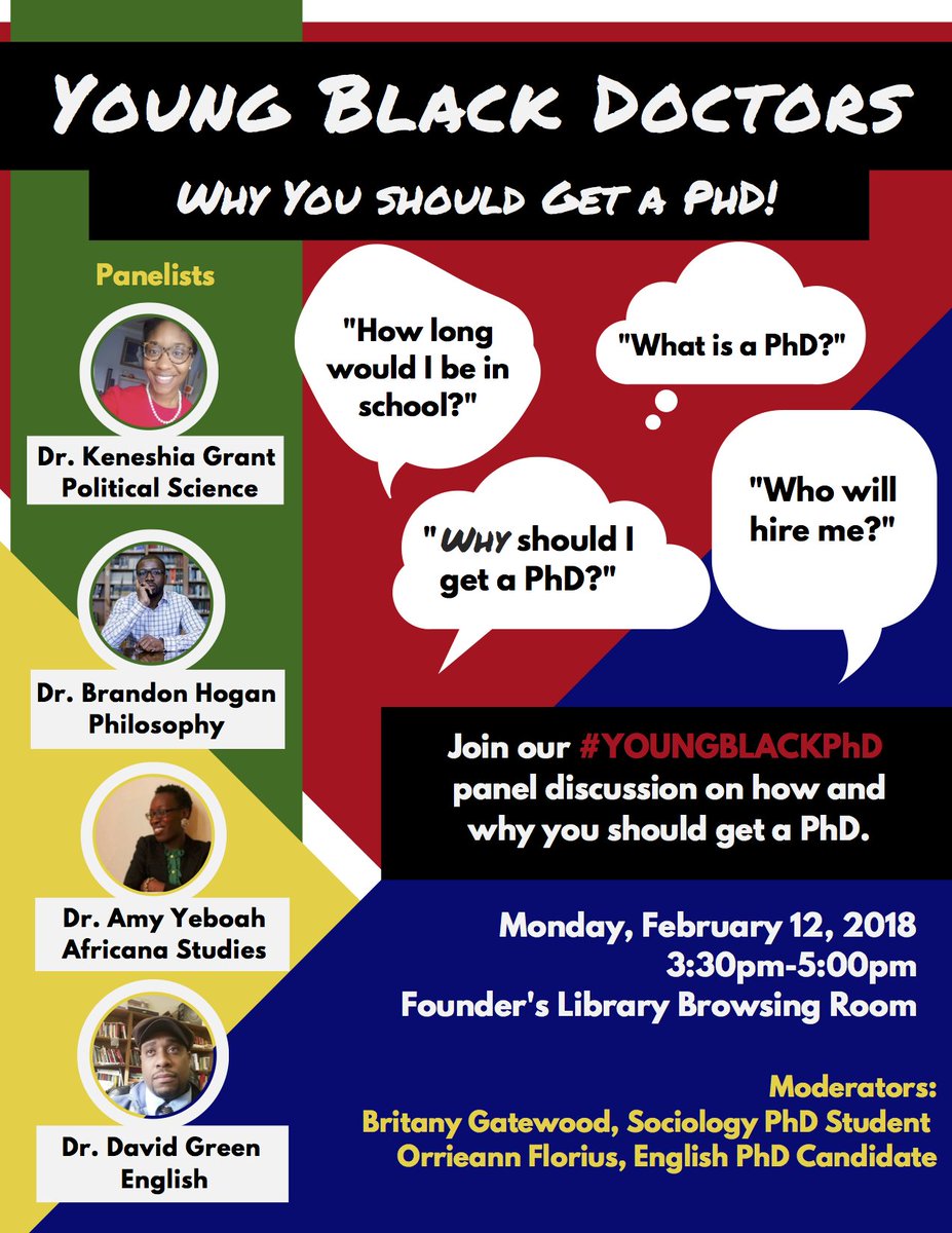 HUPrePhd's tweet photo. Young Black Doctors: Why You Should Get a PhD!

Join the @HUPrePhd team for a panel about career opportunities open to PhD holders in the humanities and social sciences.

2/12/18 | 3:30PM | Founders Browsing Room

#YoungBlackPhD
#Howard_RYS18
#HU21 #HU20 #HU19 #HU18 https://t.co/mImYfSZnhq