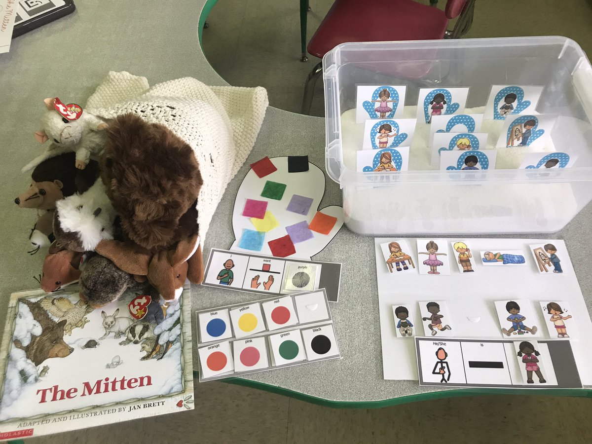 CC_SLP's tweet image. Ready for our story of the week and extension activities #TheMitten #sensorybin #spatialconcepts #wintervocab #actions #colorrequest @PlayerSchool