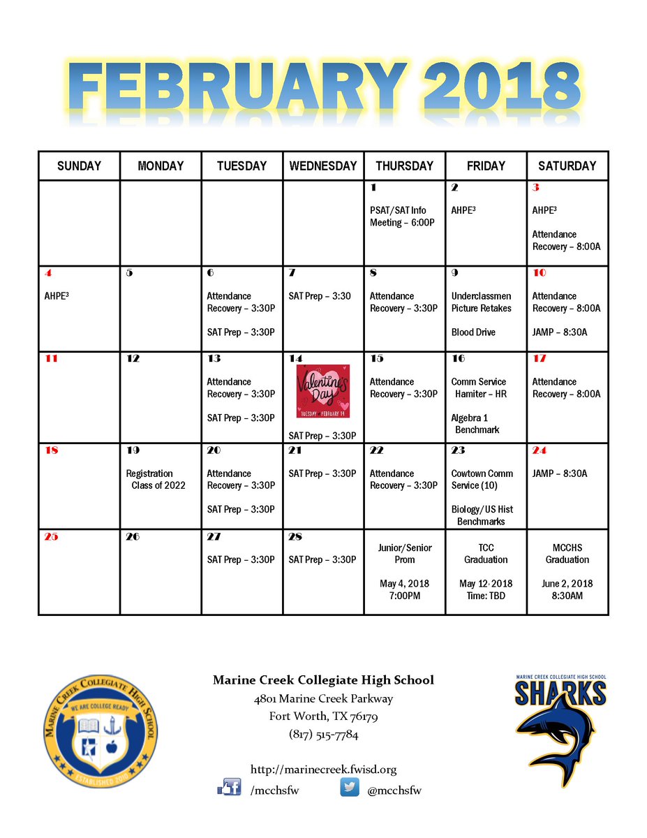 Calendar of Events - February 2018 #SharksWithDegrees @FortWorth_ISD