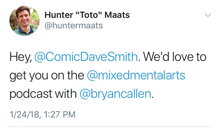 thekennyb's tweet photo. @ComicDaveSmith He’s just desperately attempting to bait you into coming onto his podcast. You didn’t respond to his first tweet, so then he tagged you. Yuck. https://t.co/qLvZJ8p6Fb